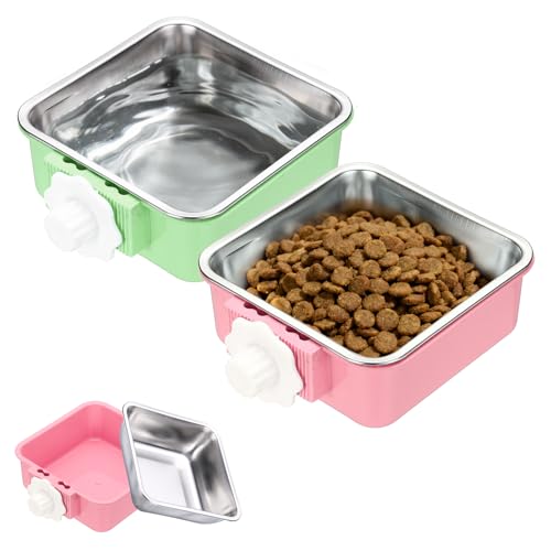 Crate Dog Bowl, Removable Stainless Steel Pet Cage Hanging Anti-Overturn Food Water Feeder Cage Cup (2Pcs, Square, Pink/Green, 17.7oz), Intended for Puppies/Cat/Rabbit/Bird - color: Pink/Green, size: 5.7"(17.7oz)