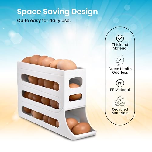 ZAYLAN Auto-Rolling Egg Holder for Fridge – 4-Tier Space-Saving Dispenser Holds 28 Eggs, White Organizer with FREE Flower Egg Cutter - color: WHITE
