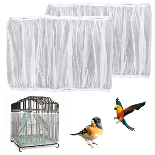 2 Pcs Bird Cage Cover Universal Bird Cage Seed Catcher, Breathable Nylon Mesh Net Cover Adjustable Soft Airy Cages Net Stretchy Skirt for Round Square Cages