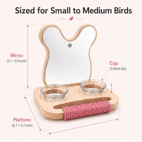 Bird Mirror with Perch and Feeder, Wooden Birds Toys Bird Cage Accessories for Parrots to Expend Energy, Interactive Toys for Greys Amazons Parakeet Cockatiel Conure Lovebirds Finch Canaries - size: 5.9 inch