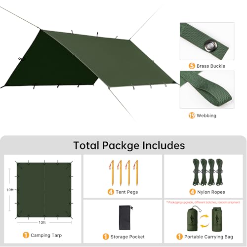 FREE SOLDIER Waterproof Camping Tarp Shelter Awning | Lightweight, Compact, Quick Setup, Waterproof Sun Shelter Campingtarp,For Backpacking, Beach, Travel and Outdoor Activities - color: Dark Green 13×13ft