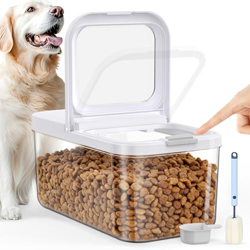 LEAWALK 6 Lbs Airtight Dog Cat Food Storage Container and Dog Treat Containers BPA-Free, PET Clear Stackable Pet Storage Bin, 1-Cup Scoop, 1-Sponge cleaning brush, Pop Top, With handle, Easy Mobility - color: Milky White 6L-A