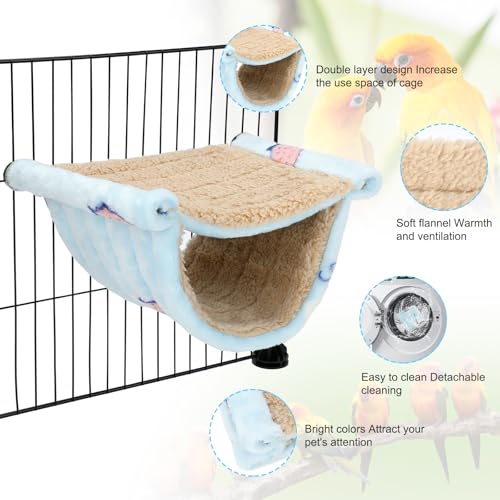 BWOGUE Bird Nest Bed Hanging Hammock, Parakeet Bed for Cage, Cockatiel Bed | Warm Fleece Snuggle Hut, Double-Layer Comfort, Wooden Perch Setup, Washable Hammock - color: Sky Blue, size: Medium (9"x7.2")