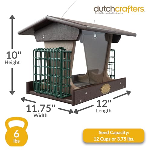 DutchCrafters Poly Hopper Bird Feeder with Suet Holder, Large Bird Feeder for Outdoors Hanging - Amish American Made (Milwaukee Brown & Weatherwood) - color: Milwaukee Brown & Weatherwood