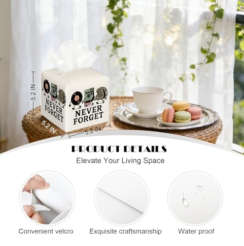 Retro Nostalgic Tissue Box Cover, 5.2-Inch Square PU Leather Holder with Cartoon Record/Camera Pattern & “Never Forget” for Living Room/Bathroom, Gift for Retro Style Lovers & Housewarming - color: White Decoration Theme-07