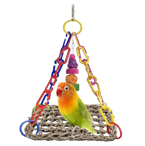 Bird Swing Toy Seagrass Mat, Natural Sea-Weed Woven Parrot Hammock Swing Bird Net Hammock Mat Climbing Swing Mat with Colorful Chewing Rope Toys for Parakeets, Budgie,Conure,Cockatiel,Lovebird