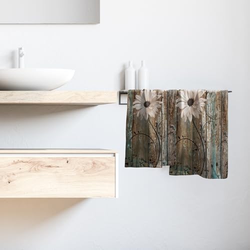 Giwawa Rustic Barn Sunflower Wooden Hand Towel 15x30 Set of 2, Daisy Flower Teal Turquoise Brown Plank Towel Retro Board Face Towel Country Barnwood Washcloth for Bathroom Farmhouse Log Cabin - color: Board Daisy