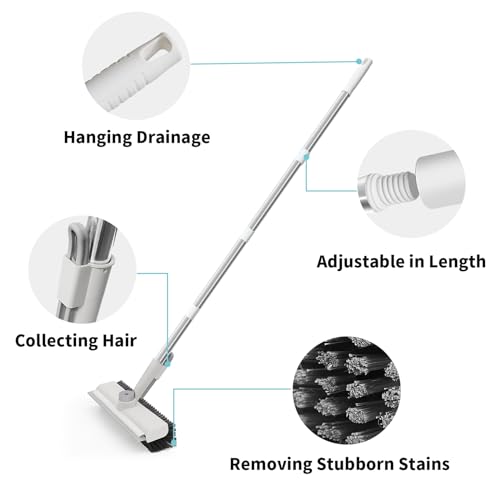 AIR U+ Floor Scrub Brush with Long Handle, 3-in-1 Rotating Head & Squeegee | Stiff Dual-Sided Bristle Scrubber for Shower, Bathroom, Kitchen and Patio, 30–50 In Handle for Easier Stand-up Cleaning - color: White, size: 1 PACK