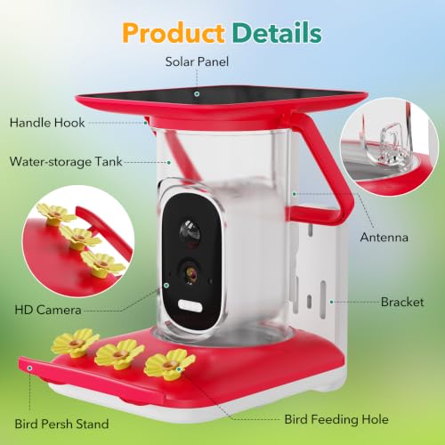 Smart Hummingbird Feeder with Camera, All-in-One Integrated Solar Roof – No Wires, 2.5K HD Color Night Vision, AI Identified Solar Hummingbird Feeder, Leakproof Design Hummingbird Feeders for Outdoors