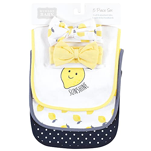 Hudson Baby Unisex Baby Cotton Bib and Headband Set - color: Navy Lemon, size: One Size