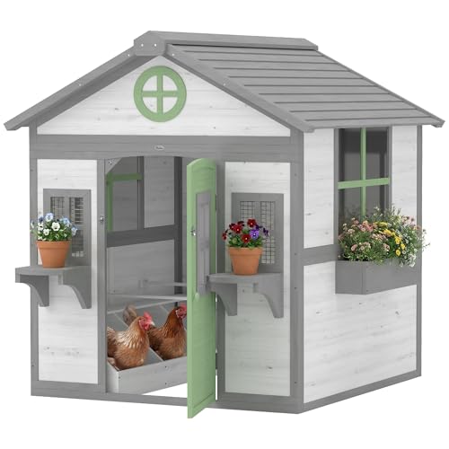 PawHut Chicken Coop for 2-4 Chickens with Nesting Box 50" x 44" x 54" White | Wooden Hen House, Outdoor Playhouse, Poultry Cage, Planter Pots and Boxes, Windows, Rabbit Hutch, Backyard Use