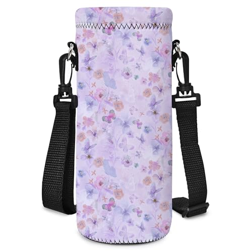 Neoprene 500ML/750ML/1000ML Water Bottle Bag Carrier, Portable Insulated Bottle Sling Holder Case Pouch with Adjustable Shoulder Strap for Men Women Walking Hiking Running - color: Flowers,Butterflies, size: 500ML