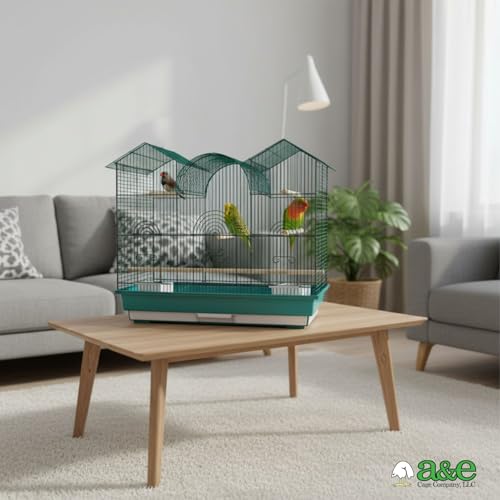 A&E Cage Co Triple Top Bird Cage for Parakeets & Finches, 26"x14"x23" Teal | Decorative Triple Roof, 2 Feeder Stations, 3 Wood Perches, Slide-Out Tray, Carry Handle, Safe Narrow Bar Spacing