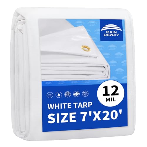 RAINDEWAY 7' X 20' White Heavy Duty Waterproof Poly Tarp Multipurpose Cover | 12 Mil Extra Thick,Finished Size,UV Resistant,Weatherproof,with Metal Grommets and Reinforced Edge - color: White, size: 7x20 Feet-Finished size