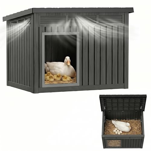 Vixzen Outdoor Duck House, PP Resin Material with Spacious Interior Poultry Shelter, Gas Strut Opening Top & Shutter Vents Chicken Coop for Easy Cleaning and Storage Use in Outdoor(Black) - color: Black, size: 32.2"L x 25.1"W x 24.1"H