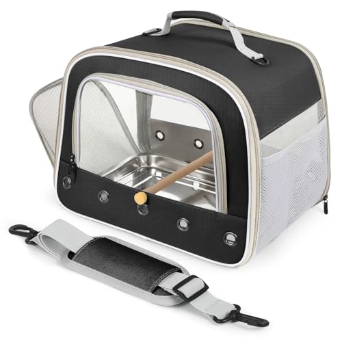 Bird Travel Carrier Cage for Medium Parrot, Portable Bag with Metal Tray to Carry and Transport Medium and Large Birds Like African Grey, Long Tail Cockatiel (Black, Large Carrier) - color: Black