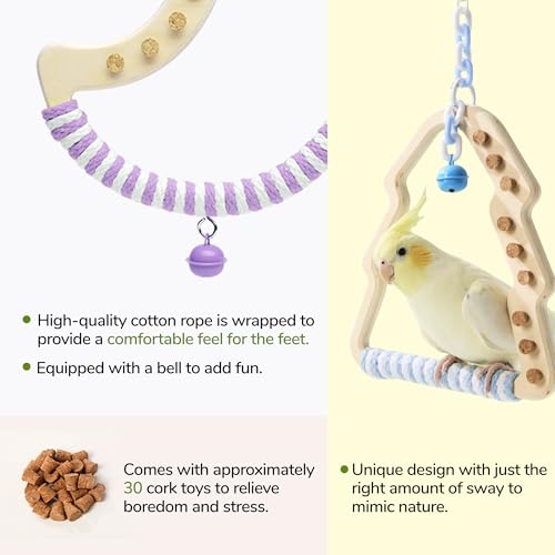 Natural Bird Swing - Tree-Shaped Parrot Perch with Bell and Cork Toys, Spinning Wooden Stand for Parakeets, Budgies, Lovebirds and Small/Medium Birds (White + Green) - color: Green, size: 6.57"L x 0.48"W x 7.08"H