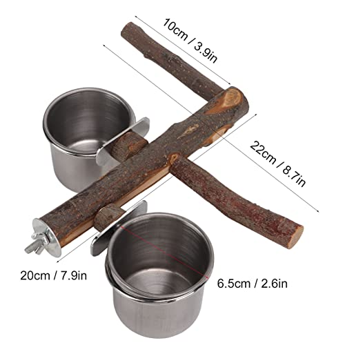 Stainless Steel Bird Feeding Bowl with Wooden Perch for Parakeets, Budgies, Lovebirds and Parrots