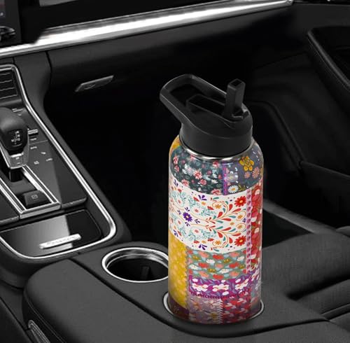 Boho Pioneer Water Bottle with Straws Insulated Sports Bottle Boho Flower Travel Thermal Double Walled Vacuum Cup Leak Proof Stainless Steel Tumbler Mom Gifts-32 oz - color: Red