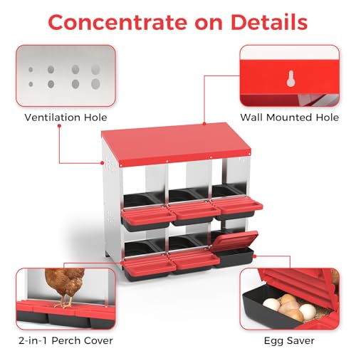 Garvee 6-Hole Chicken Nesting Box with Removable Lid, Metal Chicken Coop with Roll Away Design/Easy Egg Collection/Ventilation Holes, for Chicken Coops, Duck Coops and Hens (RED) - color: RED, size: 6-Hole