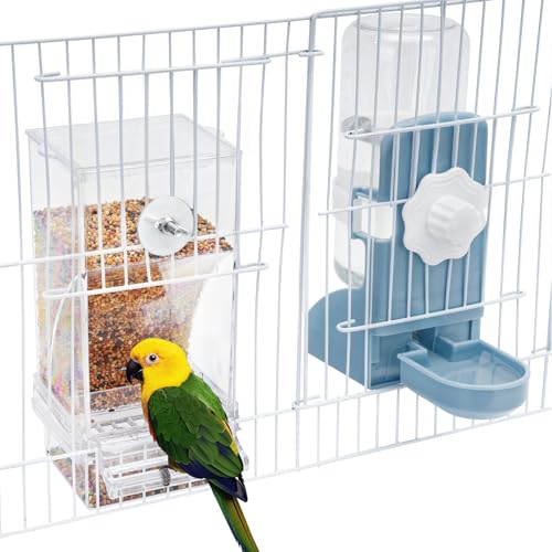 Lemtrflo No Mess Bird Feeder Water Dispenser Set, Automatic Bird Feeder | Parrot, Parakeet Cage Accessories - color: blue