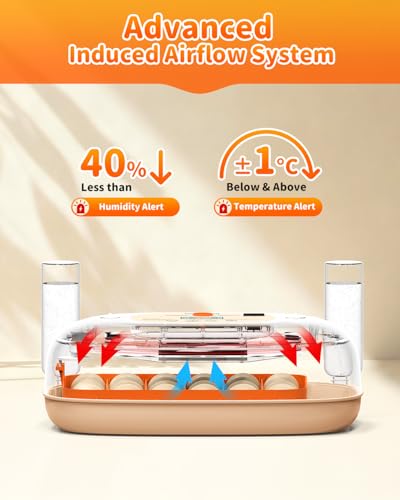 24 Egg Incubator with Automatic Turner Poultry Hatcher | Digital Temp Humidity Monitor, Low Humidity Alarm, External Water Bottles, Built-in Egg Candler for Chicken, Duck&Quail Eggs - color: Orange