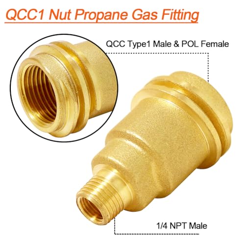 Joywayus Solid Brass QCC1 Nut Propane Gas Fitting with 1/4" NPT Male Pipe Thread, 1/4" NPT Female Coupler, 1/4" NPT Male x 3/8" Flare Male Adapter Kit