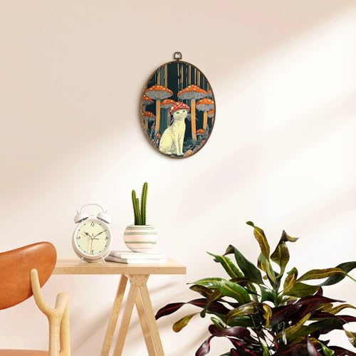 EGVQK Vintage Funny Cat Oval Wall Art, Whimsical Cat with Mushroom Hat Framed Canvas Prints Wall Art, Retro Quirky Dark Academia Oval Canvas Hanging Decor for Bedroom Living Room Home, 8.5x11.5in - color: animal_13
