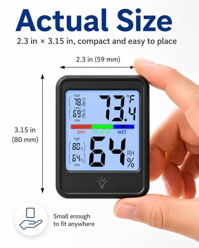 Indoor Thermometer Hygrometer, Temperature Humidity Monitor with Max/Min Records, 10-Second Backlight, Wall/Tabletop for Home, Office & Greenhouse