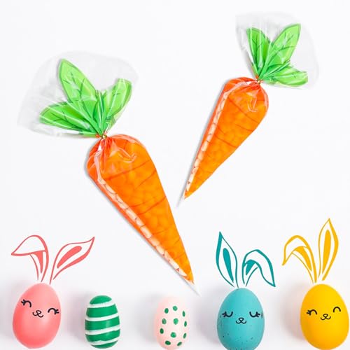 MexLuyu 50Pcs Cute Carrot Gift Wrap Bags Easter Cellophane Treat Bags Carrot Shaped Triangle Bags with Twist Ties Orange Gift Cone Goodie Plastic Bag Easter Party Supplies for Cookie Popcorn