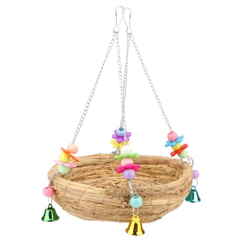 Hypeety Natural Handwoven Straw Bird Nest Bed Bird Swing Toy with Bells | Natural straw, handwoven, breathable and chewproof nest, easy-hanging with 2 hooks, for parakeet/cockatiel/budgie cage perch - color: A