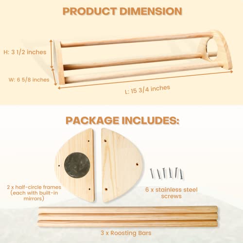 TonGass 16" Extra Long Chicken Perch, Durable Polished Bamboo Roosting Bar | Freestanding Roosting Bar for Baby Chicks with Built-in Mirrors for Entertainment, 15 3/4 x 6 5/8 x 3 1/2"