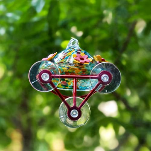 Window Hummingbird Feeder - Hand Blown Glass Mounted Hummingbird Feeder with Strong Suction Cups for Outdoor Window Mount (Blue) - color: Blue