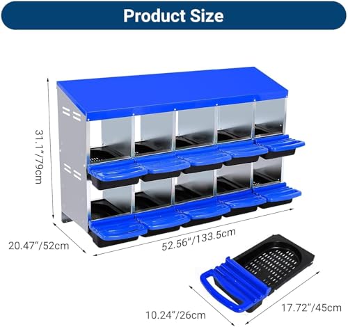 10-Hole Chicken Nesting Box with Removable Lid, Metal Chicken Coops with Roll Away Design/Easy Egg Collection/Ventilation Holes, for Chickens Coops, Duck and Hens - color: Blue, size: 10 holes without legs