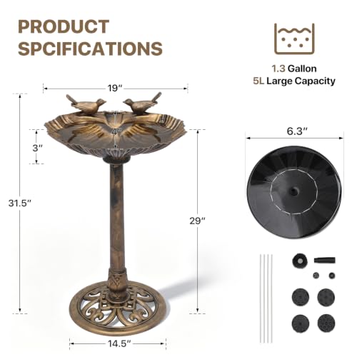 Athena Collection 31.5" Solar Powered Pedestal Bird Bath Fountain, Bronze | Detachable Solar Fountain Broad, 6 Spray Patterns, 5L Water Large Capacity，3 Ground Nails Included for Garden Yard Lawn - color: Bronze