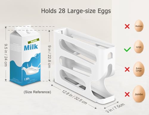 FIFO Egg Holder for Fridge, Egg Organizer for 28 Large Size Eggs | 1-Pack Auto Rolling Egg Dispenser for Refrigerator, Space-Saving Egg Roller/Container/Storage for Kitchen Countertop - color: White, size: 1 Pack