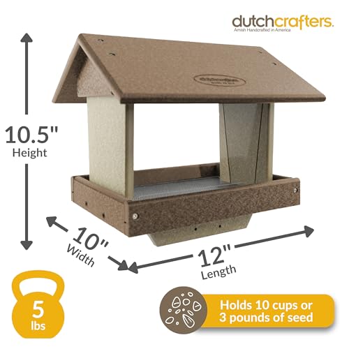 DutchCrafters Poly Large Hopper Bird Feeder Post Mount for 4" x 4", Wild Songbird Bird Seed Feeder for Outdoor, Outside, Garden, Yard - Amish Made in USA (Post Mount, Tudor Brown & Weatherwood) - color: Tudor Brown & Weatherwood, style: Post Mount