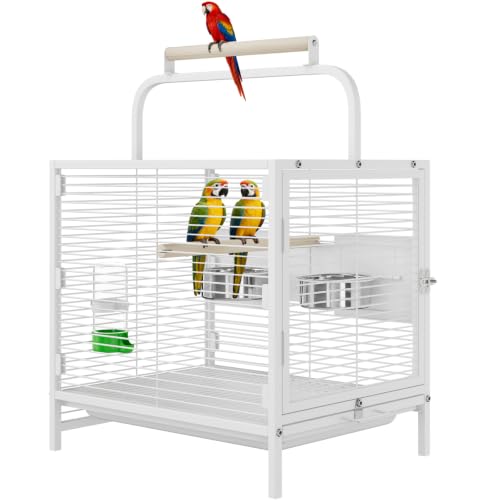 25.9''H Travel Bird Cage for Small Parrots Wrought Iron Portable Carrier Parrot Cage with Food Bowl/Perch, Slide-Out Tray for Canaries Budgies Parrotlets Lovebirds Conures Cockatiels, White | Wrought Iron Portable Carrier Parrot Cage w/ Slide-Out Tray for