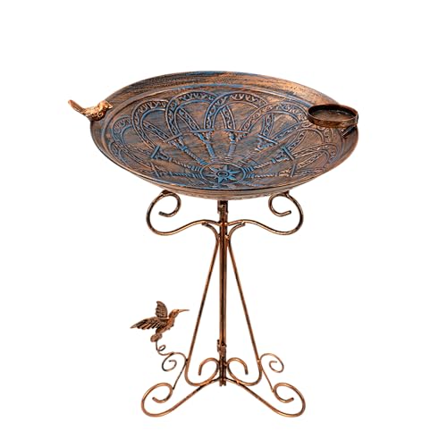 13" Vintage Metal Bird Bath with Cast Iron Pedestal | Bird Feeder Birdbaths Bowl with Folding Bracket for Outdoors Garden Patio Yard Lawn Decor - color: Brown-1