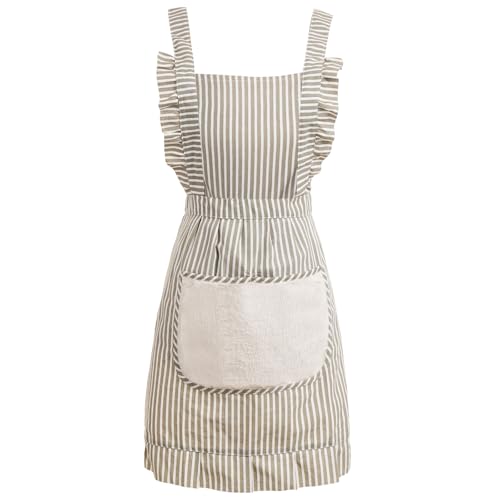 Cute Cotton Apron for Women, Adjustable Bib Cooking Kitchen Aprons with Pockets for BBQ Drawing Baking - color: Grey