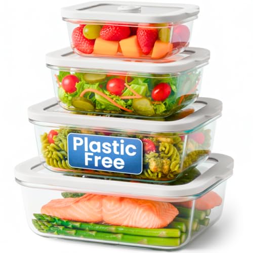 Non-Toxic Glass Food Containers with Lids, 4-Pack, Multi-Size, Gray | Plastic & BPA free. Glass body, glass lid & platinum silicone seal. Airtight & leakproof. Freezer & microwave safe. - color: Gray, size: Multi Size