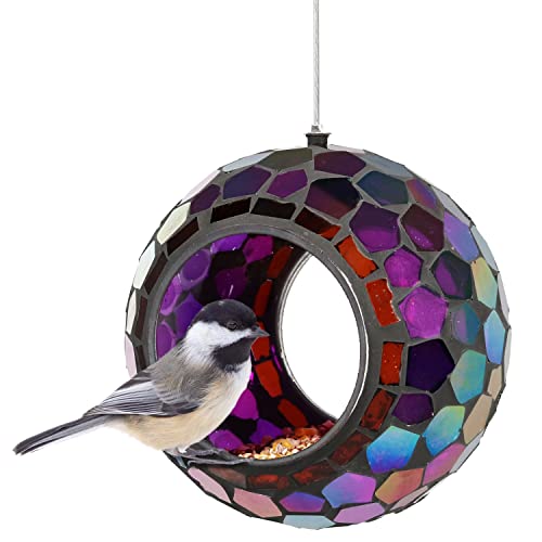 Sunnydaze Mosaic Glass Bird Feeder, Fly-Through, Iridescent Purple Mosaic | 6" Small Unique Hanging Bird Feeder for Outdoors, Drainage Hole, Weather-Resistant, Birdfeeder for Cardinals, Jays, & Finches - color: Iridescent Purple Mosaic