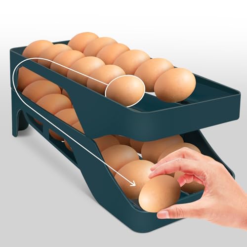 Egg Holder for Fridge Automatic Rolling Egg Dispenser for Refrigerator Kitchen Countertop - Space-saving Egg Roller/Organizer/Storage/Container/Tray for Fridge Double Track - color: Dark Blue