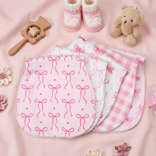SmoothNovelty 5 Pack Pink Bow Baby Burp Cloths Soft Absorbent Burping Rags for Newborns 19"x9" Spit up Cloths for Boy Girl Newborn Baby Shower Registry Gifts Set Nursery Decor - style: Pink Bow