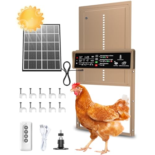 Automatic Chicken Coop Door Solar Powered, Pet Deluxe Chicken Door with Programmable Timer & Light Sensor, Anti-Pinch Safety, 7W Solar Panel, Aluminum Alloy with 10 Wire Clips Solar Chicken Door-Brown - color: Brown