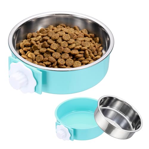 Crate Dog Bowl, Removable Stainless Steel Pet Cage Hanging Anti-Overturn Food Water Feeder Cage Cup (Round, Light Blue, 25.3oz), Intended for Puppies/Cat/Rabbit/Bird - color: Light Blue, size: 6.4"(25.3oz)