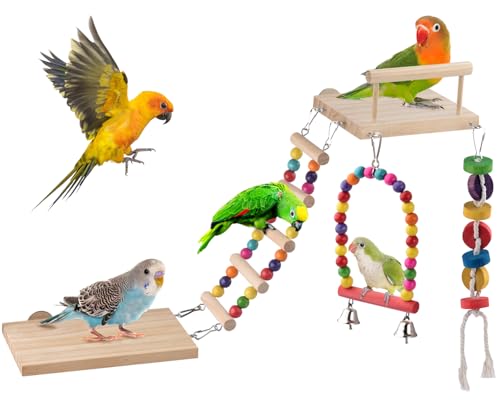 DBNESS 5in1 Bird Parakeet Toys, Detachable Birdie Perches Platform Swing with Climbing Ladder, Parrot Cage Stand Accessories, Wooden Playing Gyms for Conure Cockatiel Lovebird Finch Budgerigar Pigeon