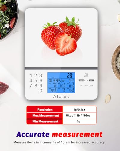 Food Scale with Nutritional Calculator, 1g Resolution Max 5kg 11Ibs | Kitchen Diet Scale, Digital Food Calorie Counting Scale for Meal Prep, Kitchen, Baking, Weight Loss, Tempered Glass, White - color: White