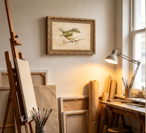 Vintage Gold Framed Bird Wall Art, Green Bird on Blossom Branch Oil Painting Canvas Print, Antique Cottagecore Nursery Wall Decor, Retro Neutral Floral Botanical Poster Artwork for Bedroom Living Room - color: Bird-1, size: 16"L x 12"W