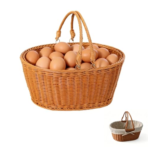 Chicken Egg Basket with Handle，Egg basket for gathering fresh eggs | Rustic woven egg basket with floral liner, holds 60-80 eggs, ideal for countertop display, collecting, or orchard harvesting